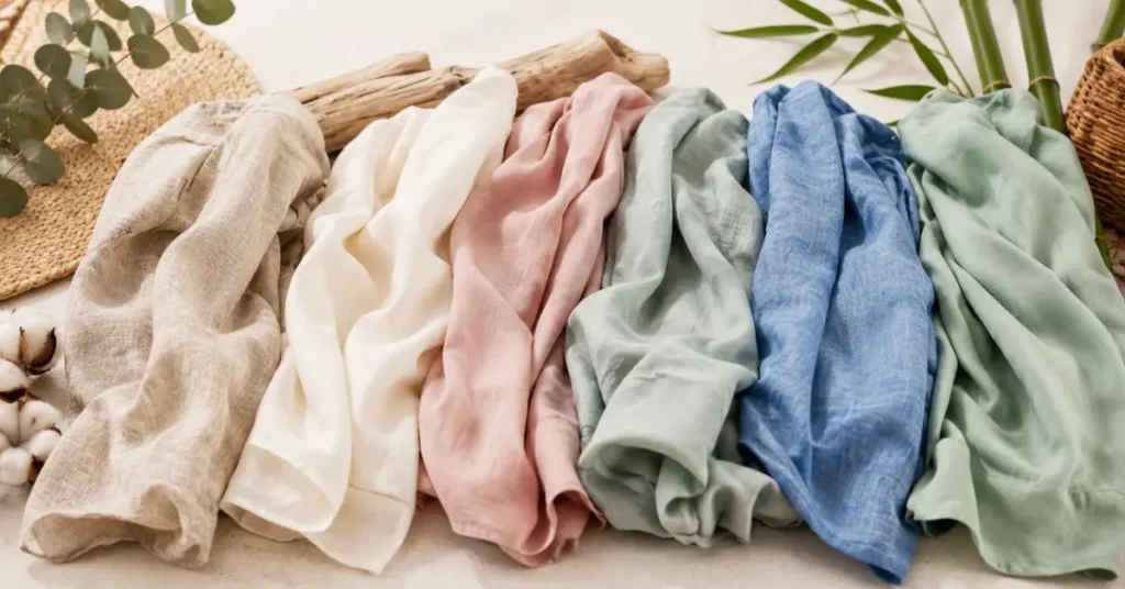 Best fabrics for Australian summer featuring breathable linen, soft cotton, rayon, viscose, chambray, and bamboo textiles arranged in natural tones, highlighting lightweight, comfortable, and sustainable materials for warm-weather clothing.