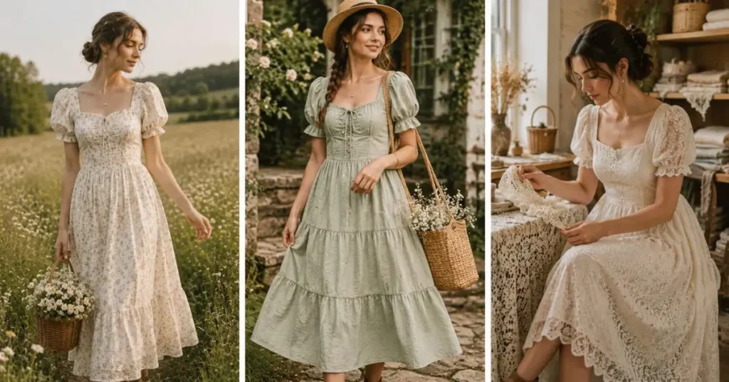 Three women wearing elegant cottagecore dresses made from lightweight natural fabrics like cotton, linen, chiffon, muslin, and lace in rustic countryside and garden settings, highlighting soft textures, flowing silhouettes, and timeless vintage-inspired fashion.