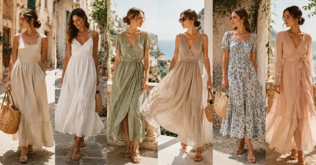 Elegant European summer dresses made from linen, cotton, chiffon, rayon, and viscose in a sunlit Mediterranean setting, showcasing breathable fabrics, flowing silhouettes, and lightweight styles perfect for hot weather travel.