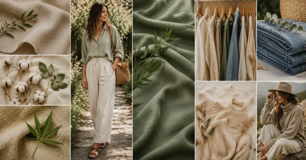 Collection of natural fabrics for nature-inspired fashion, including linen, organic cotton, hemp, bamboo, soft denim, and wool knitwear in earthy tones with relaxed styling.