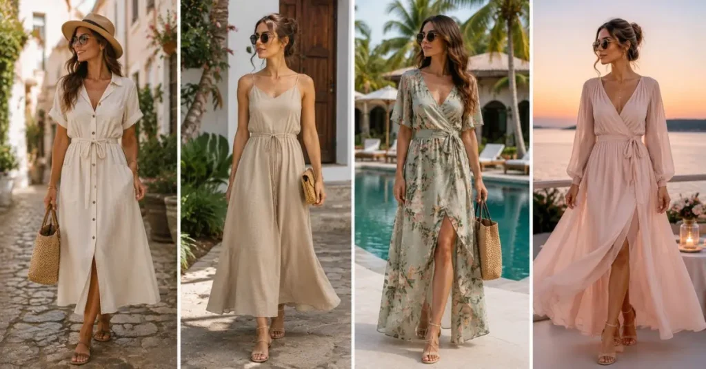 Women wearing vacation dresses made from breathable cotton, linen, rayon, and chiffon fabrics, showcasing lightweight and stylish outfits for summer travel and holiday wear.
