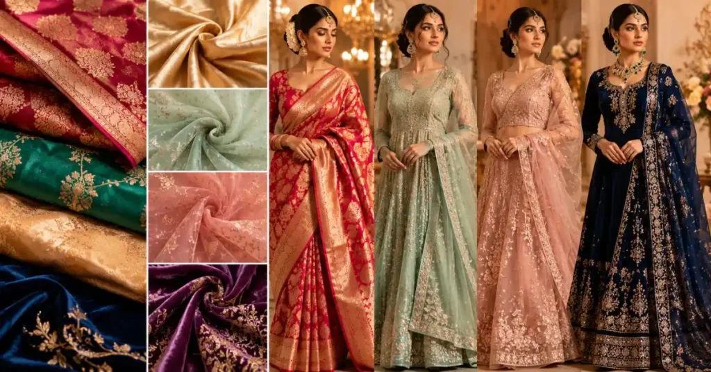 Premium fabrics used in designer Indian dresses, including silk, chiffon, georgette, velvet, organza, and net, displayed with elegant textures and luxurious craftsmanship.