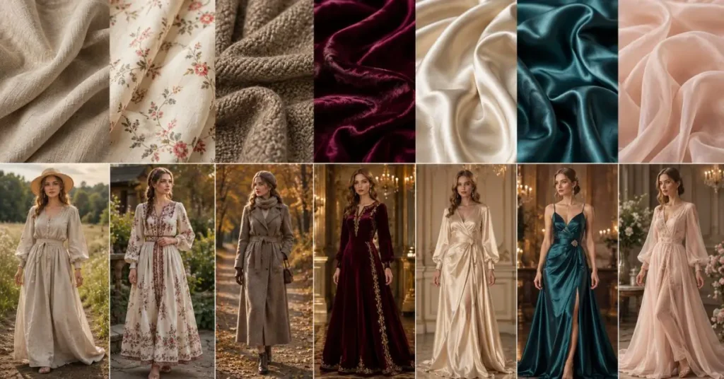 Best Fabrics Used in Russian Fashion featuring linen, cotton, wool, velvet, silk, satin, and chiffon with elegant Russian-inspired dresses, highlighting breathable summer fabrics and luxurious materials for formal and winter fashion.