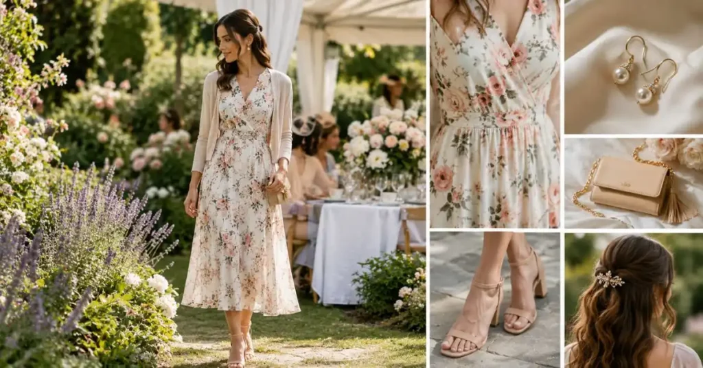Best Garden Party Dress Ideas for Every Occasion: Elegant woman wearing a floral midi garden party dress with a lightweight cardigan, nude block heels, pearl earrings, a neutral crossbody bag, and soft wavy hairstyle, surrounded by blooming flowers in a beautiful outdoor garden, with close-up details of the dress, accessories, shoes, and hairstyle.