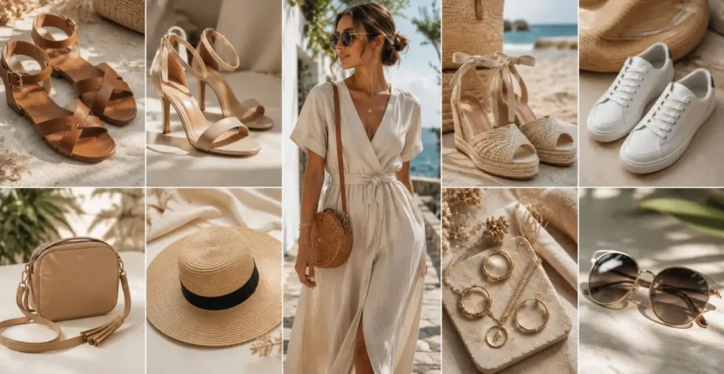 Fashion flat lay and lifestyle collage featuring the best shoes and accessories for Australian fashion dresses, including sandals, heels, white sneakers, espadrilles, a crossbody bag, sun hat, statement jewellery, and stylish sunglasses.