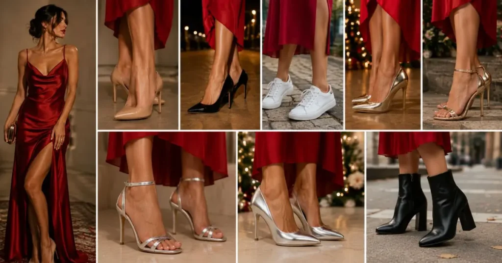 Stylish red dress paired with nude, black, white, metallic gold, and silver shoes, showcasing the best footwear options to complement a red outfit for any occasion.