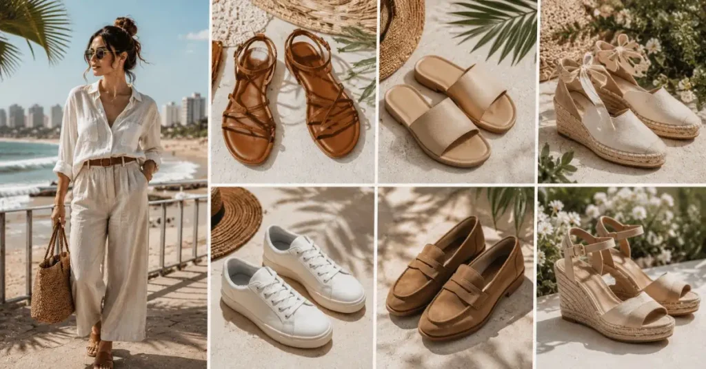 Collection of stylish summer footwear including leather sandals, minimalist slides, espadrilles, white sneakers, loafers, and wedge heels paired with breezy Australian summer outfits for effortless warm-weather styling.