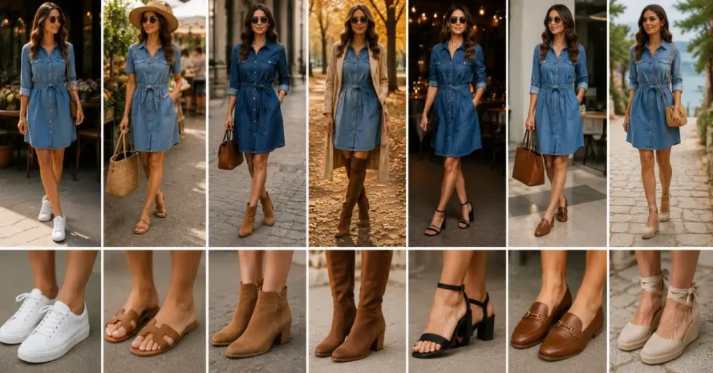 Best shoes to wear with a jean dress including white sneakers, sandals, ankle boots, knee-high boots, loafers, block heels, and espadrilles