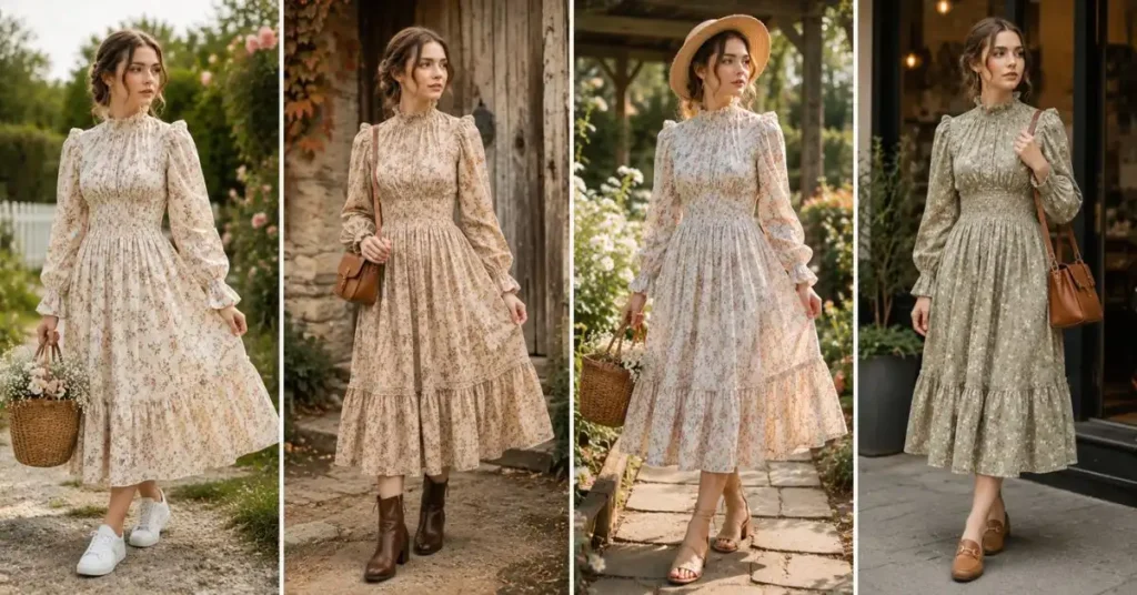 Collage of a woman wearing a prairie-style dress paired with white sneakers, leather ankle boots, strappy sandals, and loafers in different outdoor and casual settings.