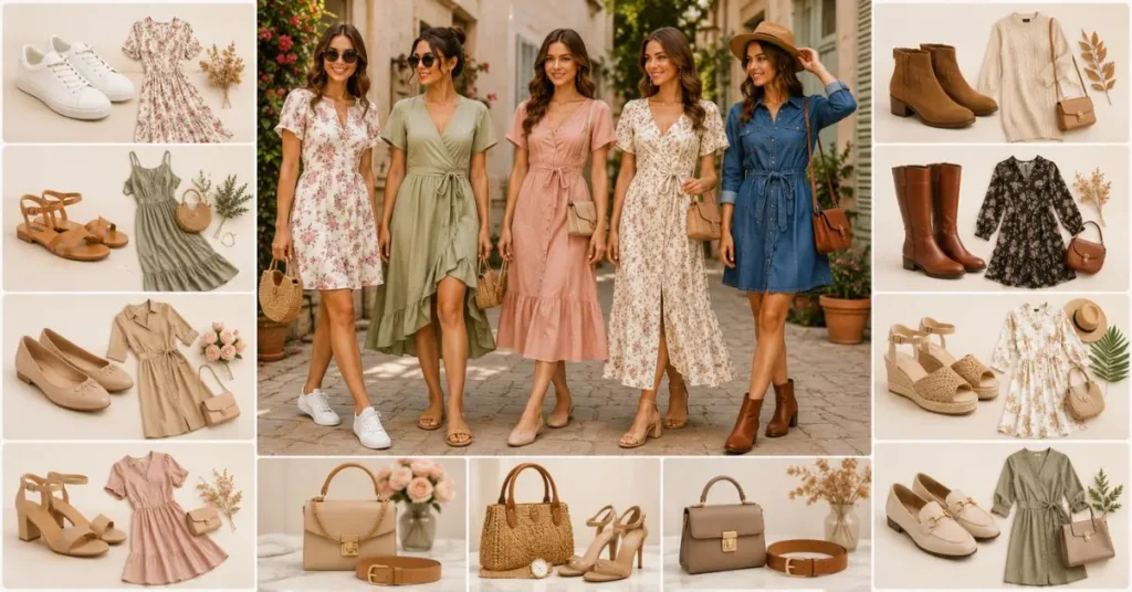 Best shoes to wear with cute dresses including white sneakers, sandals, ballet flats, block heels, ankle boots, knee-high boots, wedges, and loafers