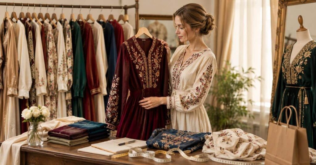 Woman shopping for Russian dresses in an elegant boutique, examining an embroidered dress while comparing fabrics, fit, craftsmanship, and timeless styles for everyday wear, formal occasions, and special events.