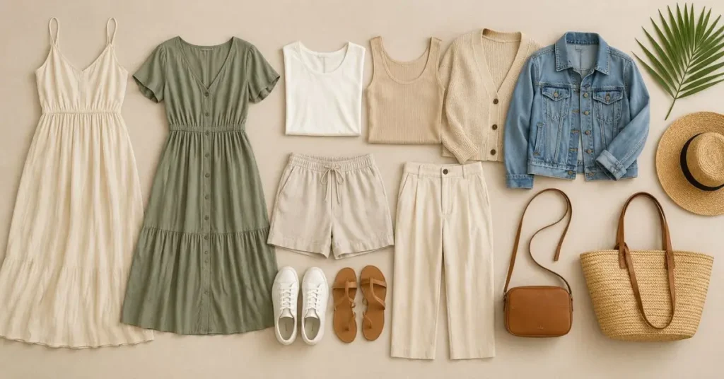 Capsule Wardrobe Ideas for Vacation with Versatile Dresses, Neutral Clothing, Comfortable Shoes, and Coordinated Travel Accessories