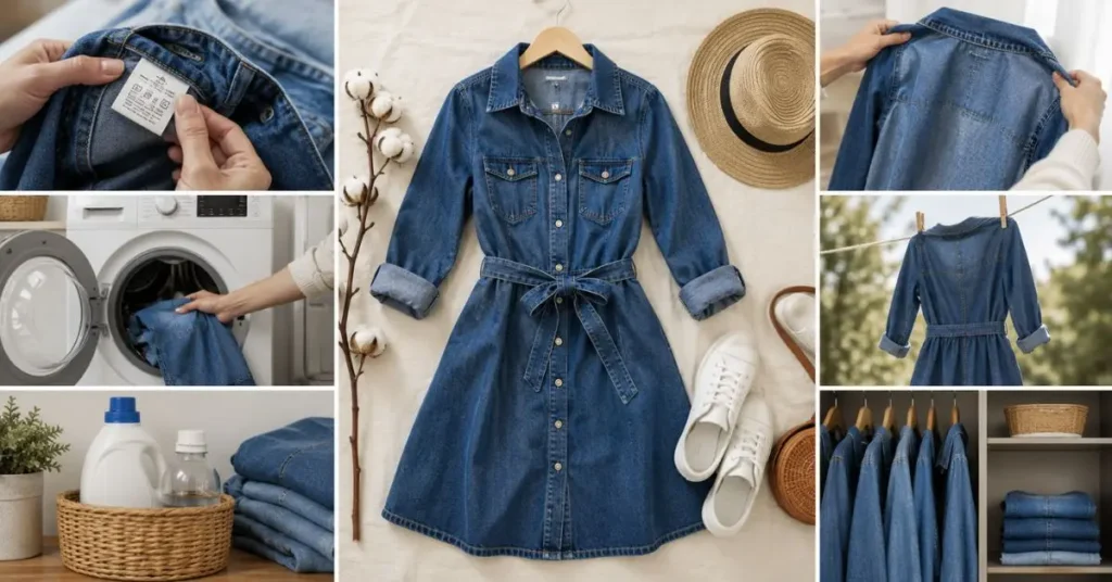 Proper care and washing tips for a blue jean dress to maintain denim color, shape, and long-lasting quality.