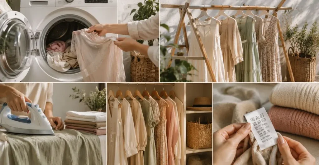 Collage illustrating care tips for Australian fashion dresses, including gentle washing, air drying, low-heat ironing, proper hanging and folding techniques, and checking garment care labels to maintain fabric quality.
