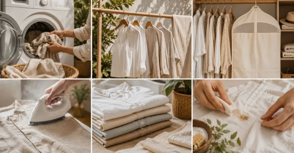 Gentle garment care routine featuring cold washing, air-drying linen clothing, breathable cotton garment storage, steam ironing natural fabrics, and removing stains carefully to preserve Australian summer fashion garments.