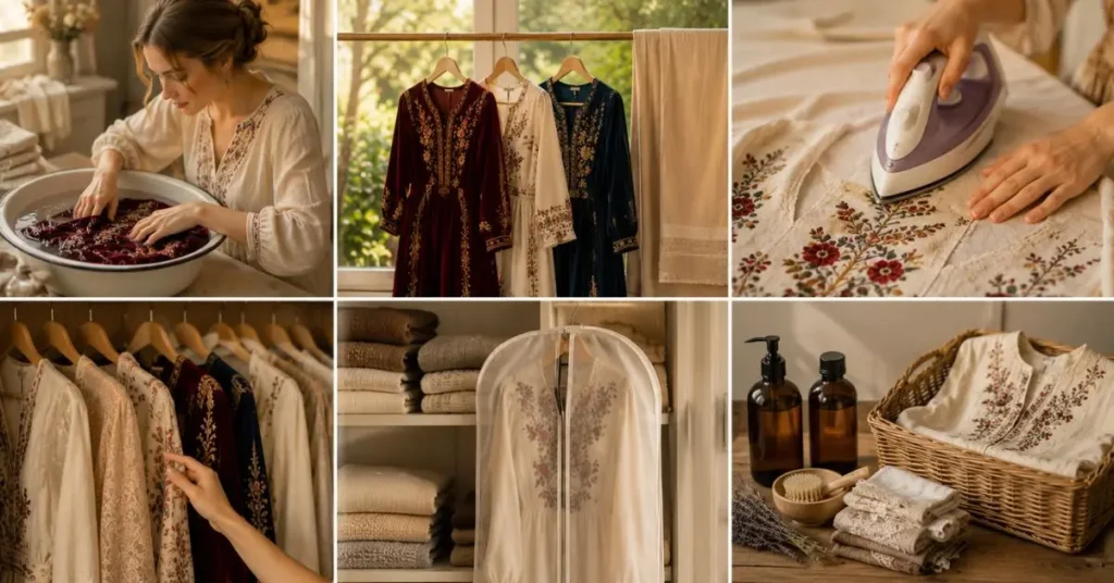 Care tips for Russian dresses showing gentle hand washing, air drying, careful ironing of embroidered fabrics, and proper storage of silk, velvet, linen, and traditional garments to preserve their beauty and quality.