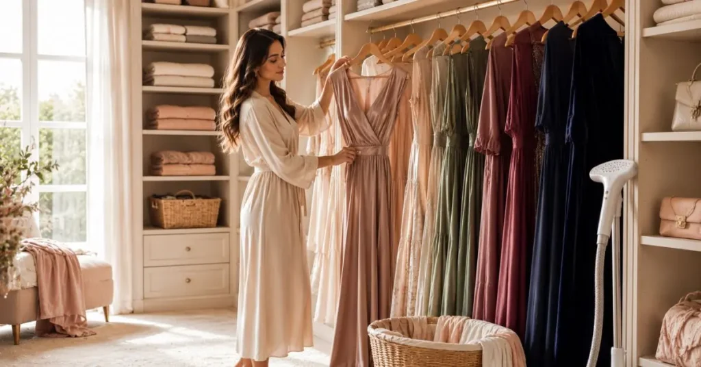 "Woman carefully hanging elegant long dresses in a modern walk-in wardrobe with neatly organized silk, satin, chiffon, and velvet dresses in soft natural light."