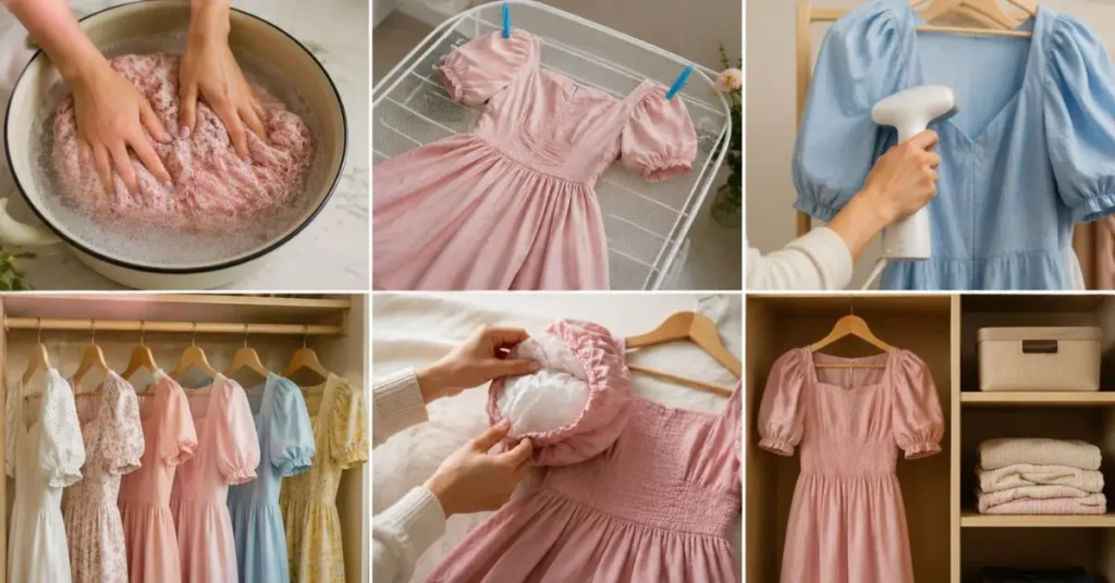 Proper care routine for a puff sleeve dress, including gentle washing, air drying, low-heat steaming, and careful storage to maintain its shape.