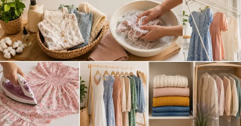 Cute dresses being washed, air-dried, ironed, folded, and stored properly to maintain fabric quality, color, and long-lasting wear