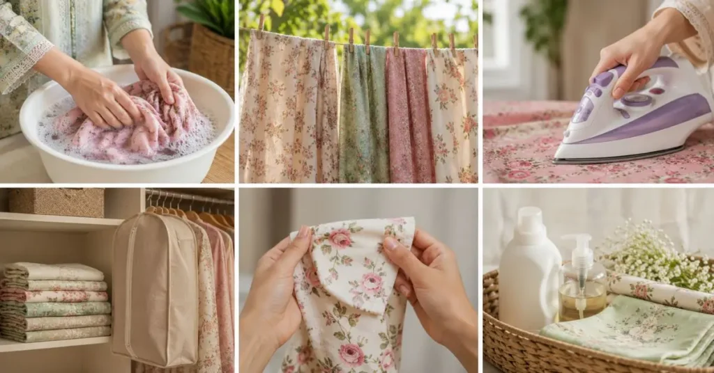 "Collage showing proper lawn fabric care, including gentle hand washing, shade drying, medium-heat ironing, neat garment storage, and mild detergents to maintain the softness, color, and quality of lightweight cotton lawn outfits."