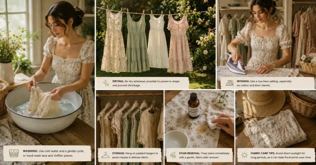 Woman caring for delicate cottagecore dresses by hand washing, air drying, ironing on low heat, hanging garments properly, and treating stains gently in a cozy vintage-inspired laundry and wardrobe setting.