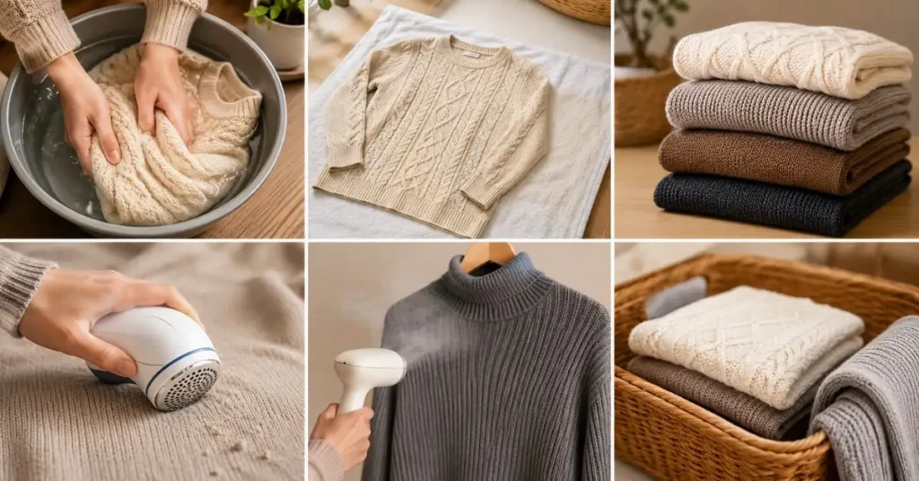 Flat lay of knitwear care essentials showing a sweater being hand washed, dried flat, folded for storage, de-pilled with a fabric shaver, and steamed to maintain its shape and quality.