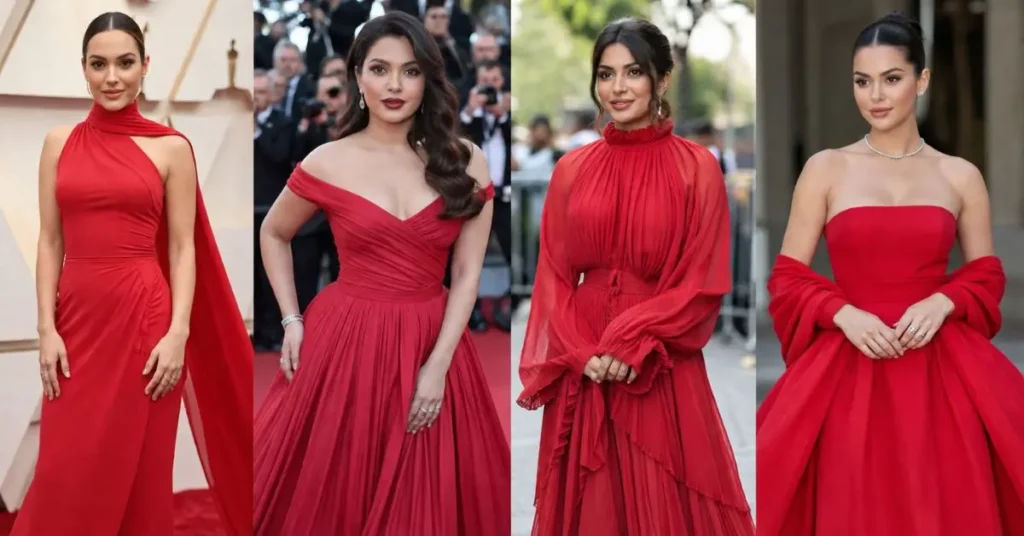 Elegant women in sophisticated red outfits inspired by celebrity red carpet fashion, featuring minimalist accessories, tailored silhouettes, and timeless styling for formal occasions.