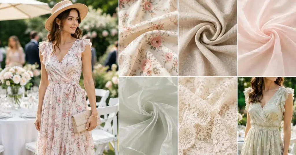 Choosing the Right Fabric: Elegant woman wearing a floral garden party dress in a blooming outdoor setting, alongside close-up views of breathable fabrics including cotton, linen, chiffon, organza, and soft lace, highlighting lightweight textures and graceful materials for stylish garden party outfits.