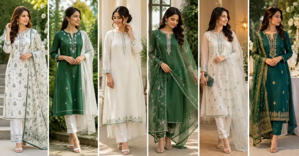 Choosing the Right Fabric for 14 August Dresses featuring Pakistani women wearing elegant lawn, cotton, linen, chiffon, organza, and silk blend outfits in green and white, styled for comfortable Independence Day celebrations.