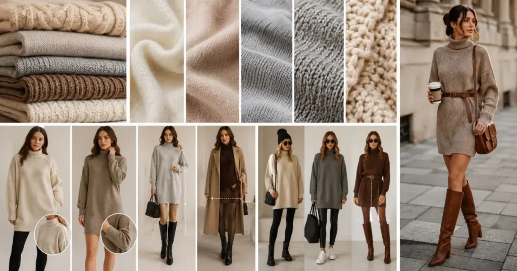 Collection of sweater dresses in different fabrics and fits, including merino wool, cashmere, cotton knit, and chunky knit styles, displayed to highlight texture, silhouette, and comfortable everyday wear.