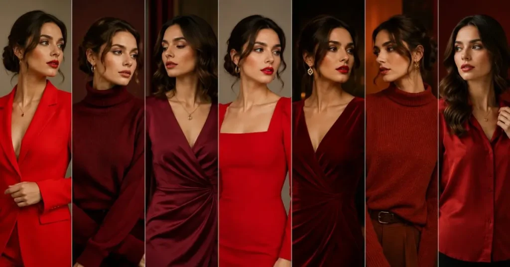 Collection of red dresses in different shades, including cherry red, crimson, burgundy, scarlet, and wine red, helping women choose the perfect red color for their skin tone and occasion.