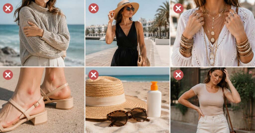 "Common Australian summer fashion mistakes including wearing heavy fabrics, dark clothing, excessive accessories, uncomfortable footwear, lack of sun protection, and tight-fitting outfits in hot weather."