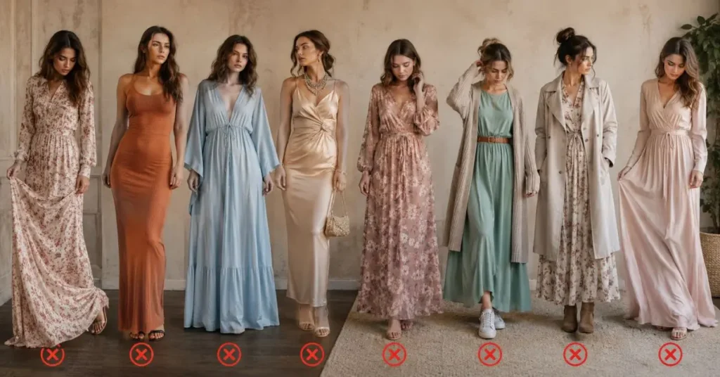 Woman wearing a long maxi dress with styling mistakes illustrated through poor fit, incorrect length, mismatched footwear, excessive accessories, and heavy layering in a fashion editorial setting