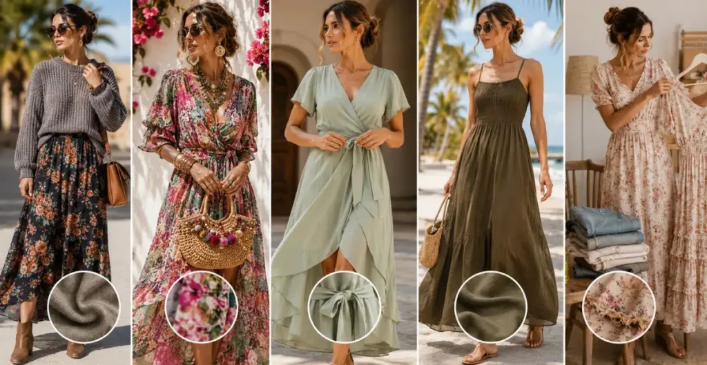 Women wearing Australian fashion dresses demonstrating common styling mistakes, including heavy fabrics, poor fit, over-accessorizing, and unsuitable seasonal outfits in elegant outdoor settings.