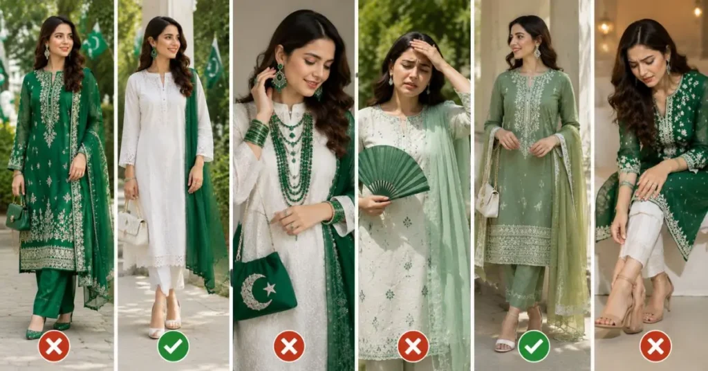 Common Fashion Mistakes to Avoid for 14 August Dresses featuring Pakistani women demonstrating balanced green and white outfits, minimal accessories, breathable fabrics, coordinated color combinations, and comfortable footwear for stylish Independence Day celebrations.