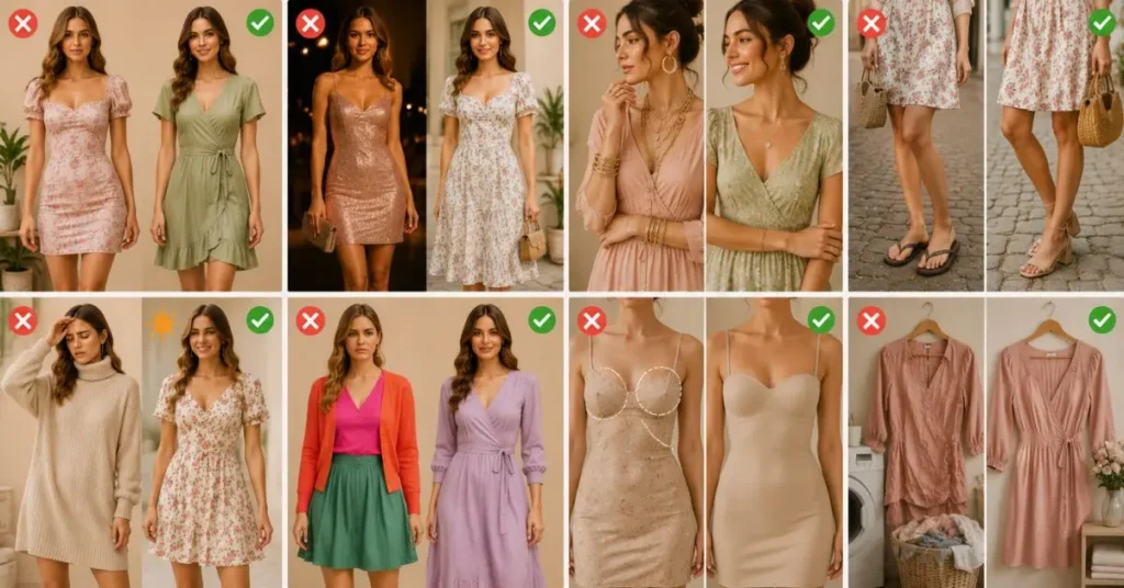 Common mistakes to avoid when wearing cute dresses including poor fit, mismatched shoes, excessive accessories, and inappropriate seasonal fabrics