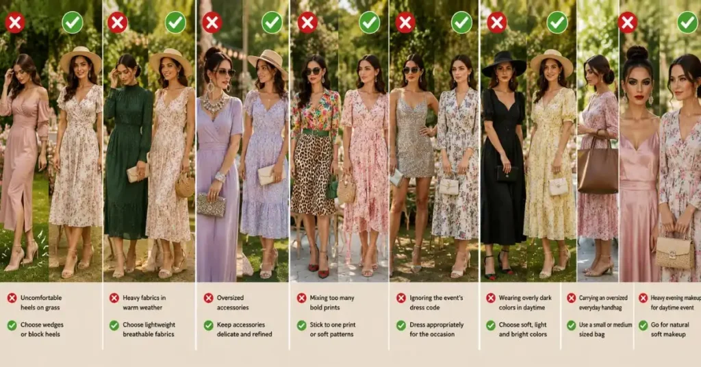 Common Mistakes to Avoid Comparison of stylish garden party outfits showing common fashion mistakes and elegant alternatives, including comfortable footwear, lightweight fabrics, balanced accessories, soft prints, appropriate dress choices, light daytime colors, small handbags, and natural makeup for outdoor celebrations.