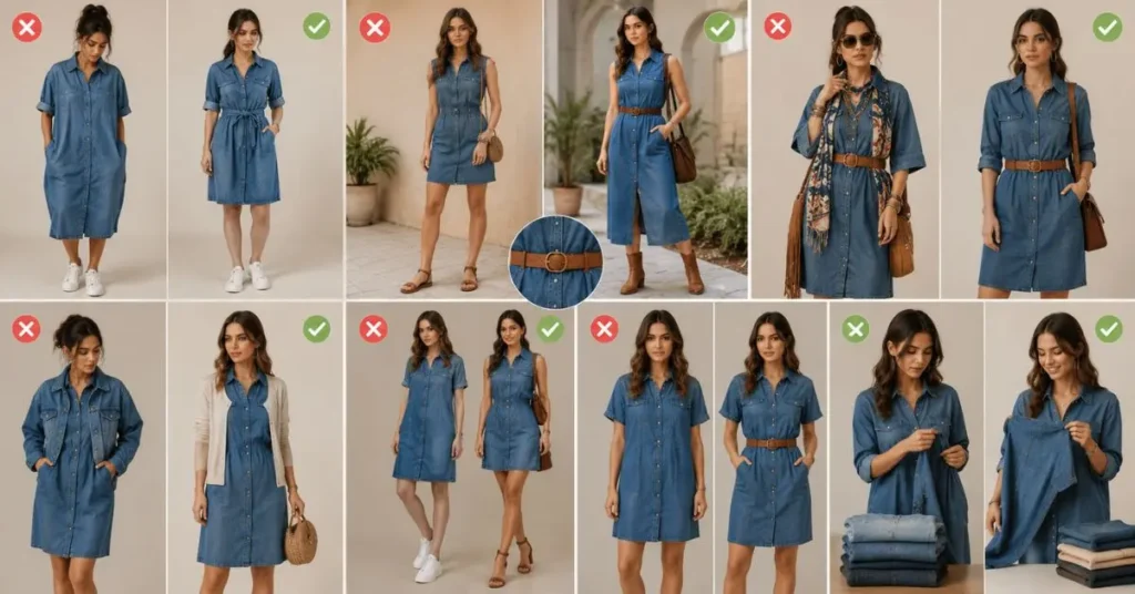 Common styling mistakes to avoid when wearing a jean dress, featuring proper fit, balanced accessories, flattering silhouettes, and suitable footwear