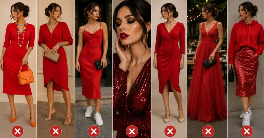 Woman wearing a red dress with balanced styling, illustrating common fashion mistakes to avoid, such as excessive accessories, clashing colors, and mismatched shoes, for an elegant and polished look.