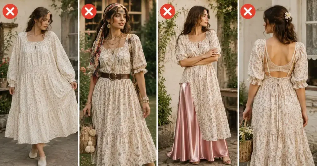 "Four examples of common prairie-style dress styling mistakes, including an oversized fit, excessive accessories, mismatched fabrics, and visible undergarments, shown in a cottagecore-inspired fashion setting."