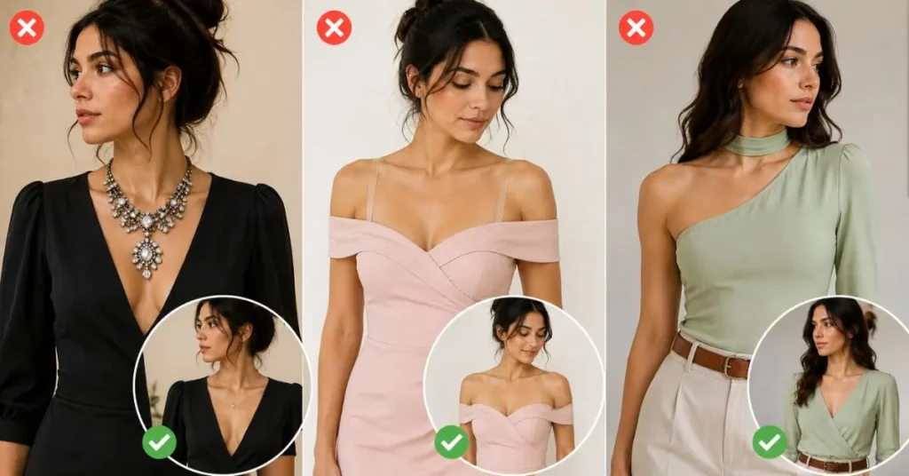 Woman modeling different neckline styles with elegant accessories, demonstrating common neckline styling mistakes and how proper jewelry, undergarments, and balanced outfit choices create a polished look.
