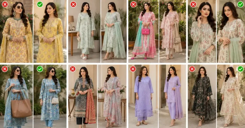 Comparison of well-styled and poorly styled lawn outfits, highlighting common fashion mistakes such as excessive accessories, mismatched footwear, oversized handbags, heavy makeup, poor tailoring, and unbalanced color combinations for a polished summer look.