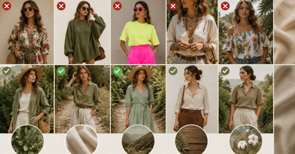 Common Styling Mistakes to Avoid – Side-by-side fashion collage comparing nature-inspired outfit styling mistakes with balanced looks, featuring earthy colors, botanical prints, natural fabrics, simple accessories, flattering proportions, and minimalist styling in outdoor settings.