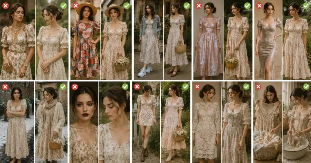 Collage showing common cottagecore dress styling mistakes and elegant alternatives, featuring soft floral dresses, natural accessories, proper layering, flattering silhouettes, delicate fabrics, and vintage-inspired countryside fashion.