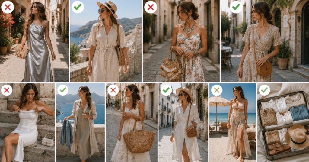 Fashion collage showing common styling mistakes to avoid with European Summer Dresses, including heavy fabrics, uncomfortable shoes, excessive accessories, impractical bags, missing layers, and smart travel-ready outfit alternatives in a European summer setting.