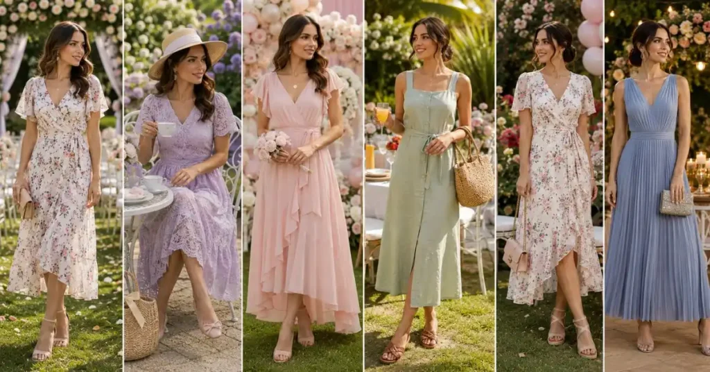 Elegant women wearing stylish garden party outfits for weddings, afternoon tea, bridal showers, summer brunches, birthday celebrations, and outdoor engagement parties, featuring floral midi dresses, pastel lace styles, linen outfits, pleated maxi dresses, and coordinated accessories in beautiful garden settings.