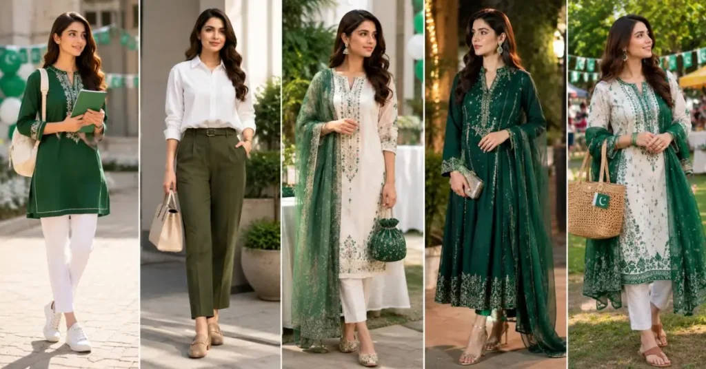 14 August Dresses comparison featuring stylish outfit ideas for school, office, family gatherings, evening dinners, and outdoor Independence Day celebrations
