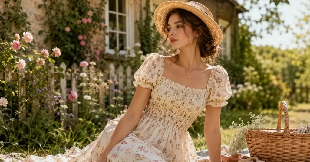 Cottagecore dress featuring a woman in a romantic floral puff-sleeve maxi dress in a blooming countryside garden, showcasing the timeless cottagecore fashion trend for 2026.