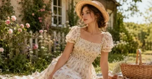 Cottagecore dress featuring a woman in a romantic floral puff-sleeve maxi dress in a blooming countryside garden, showcasing the timeless cottagecore fashion trend for 2026.