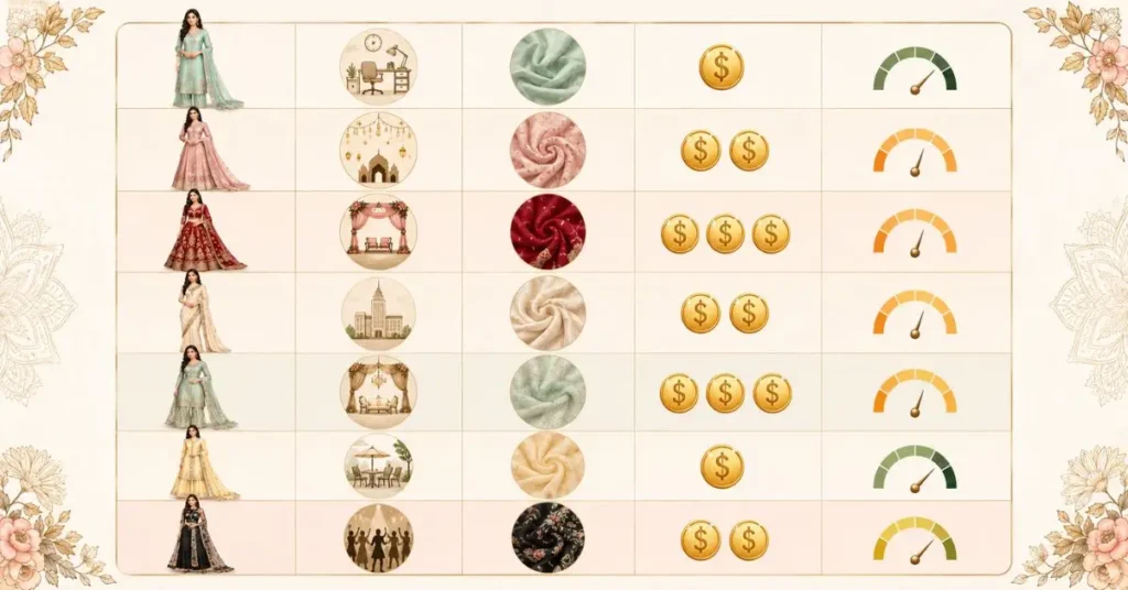 Comparison table of desi dresses for women featuring Shalwar Kameez, Anarkali Suit, Lehenga Choli, Saree, Sharara, Palazzo Suit, and Indo-Western fusion wear for different occasions.